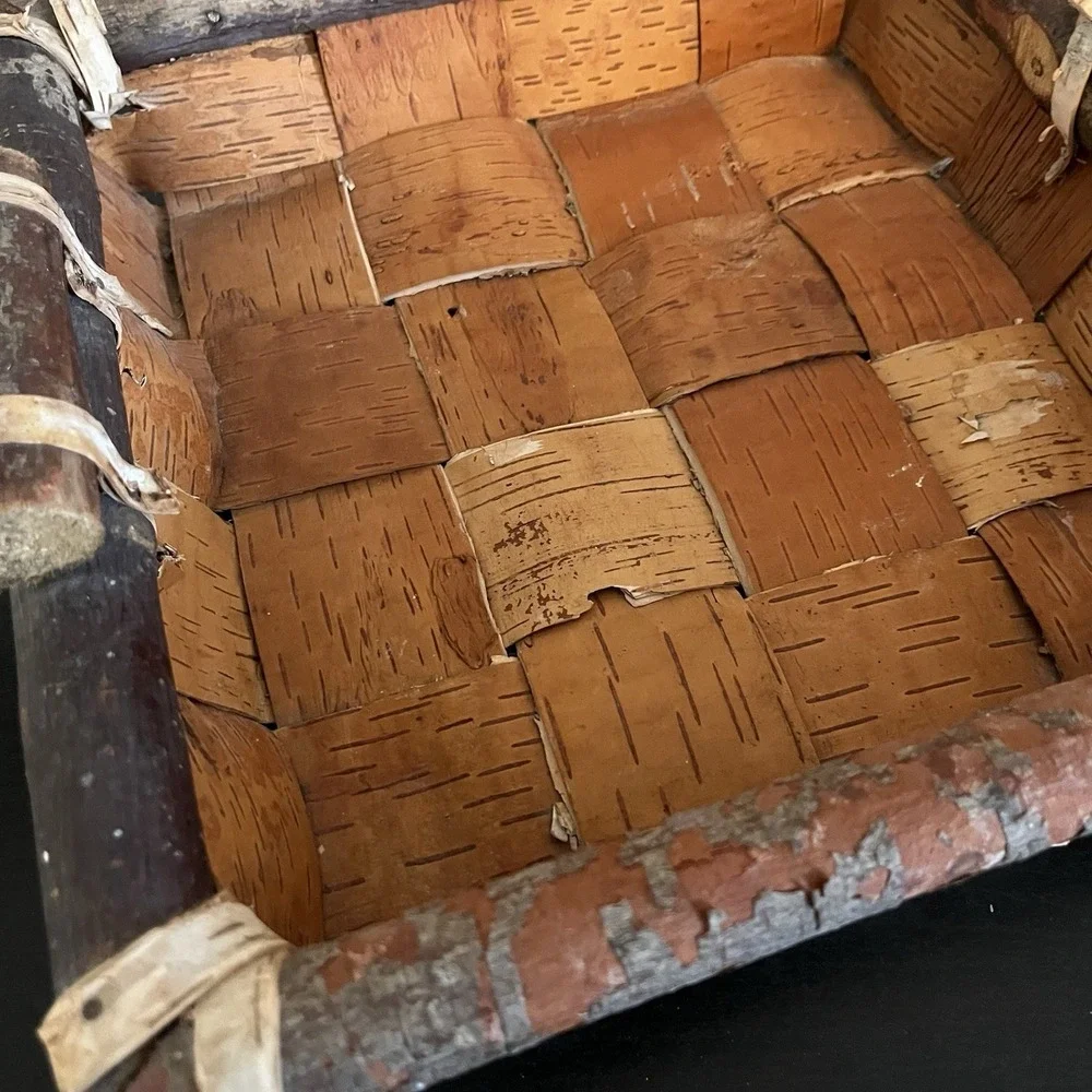 Native American Handmade Birch Bark Basket Square Primitive‎ Rustic Cabincore
